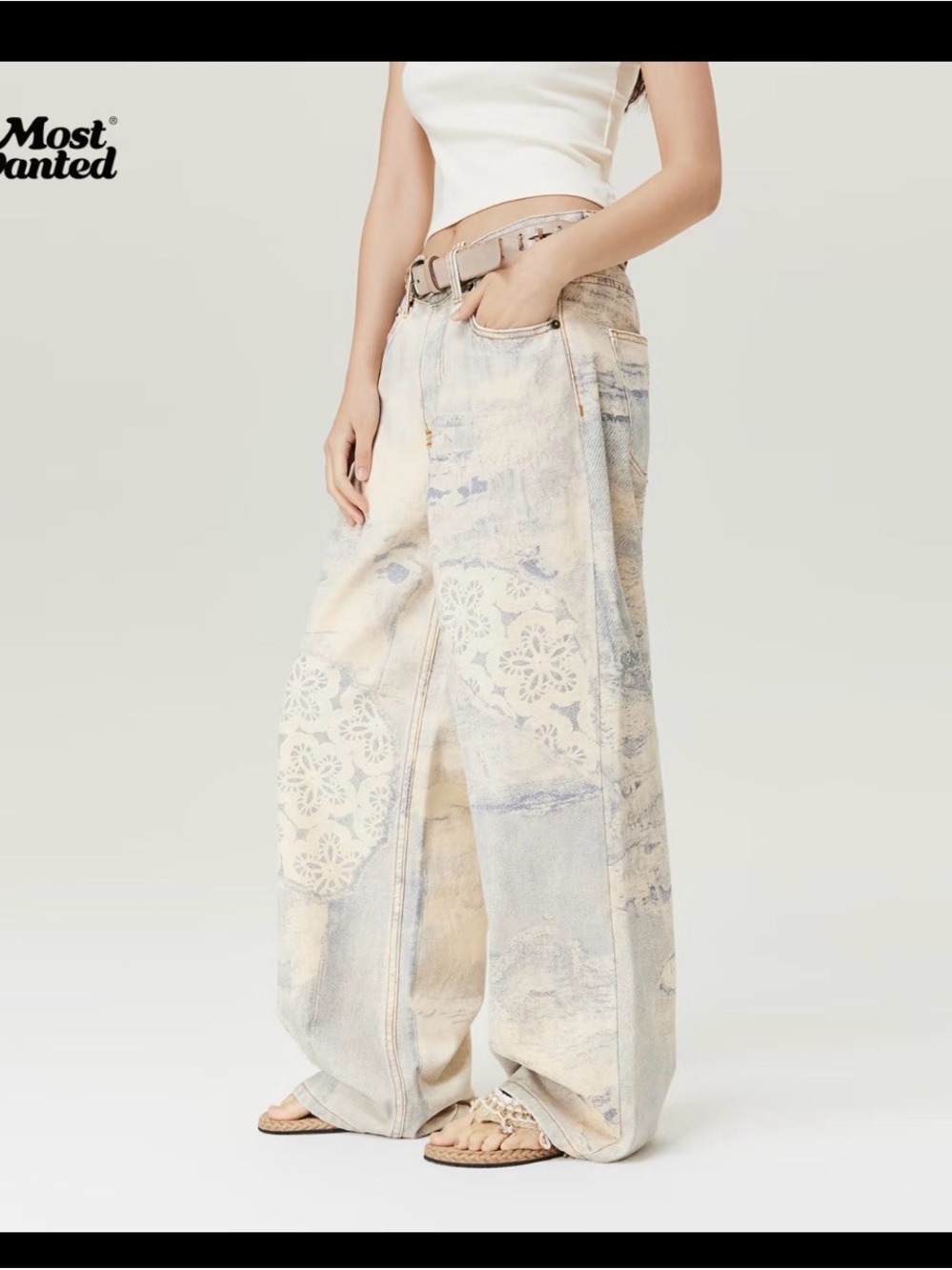 Beige and Washed Blue Wide-Leg Jeans with Floral Stencil